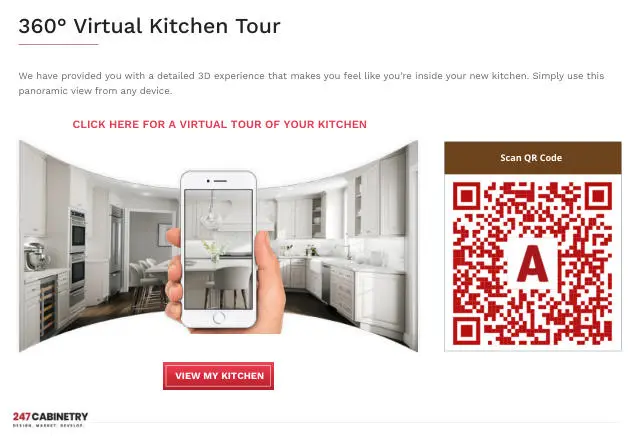 360° virtual kitchen tour: A panoramic tour the homeowner can open on any phone or computer, with a QR code for quick access.