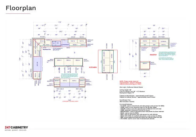 Dimensioned floor plan: The full floor plan with every wall dimension, cabinet SKU, filler, ceiling height and installation notes.