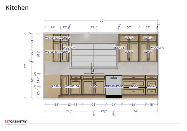 Sink wall elevation: 170-inch sink wall with window, wall cabinets, sink base, dishwasher and drawer bases, fully dimensioned.