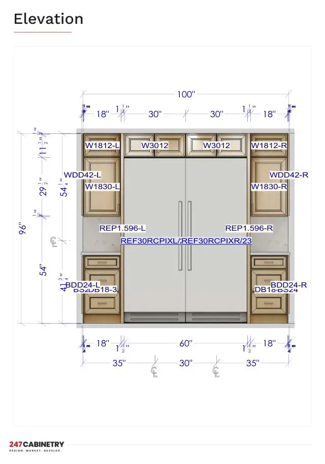 Refrigerator wall elevation: Column refrigerator wall with tall end panels, stacked wall cabinets and drawer bases.